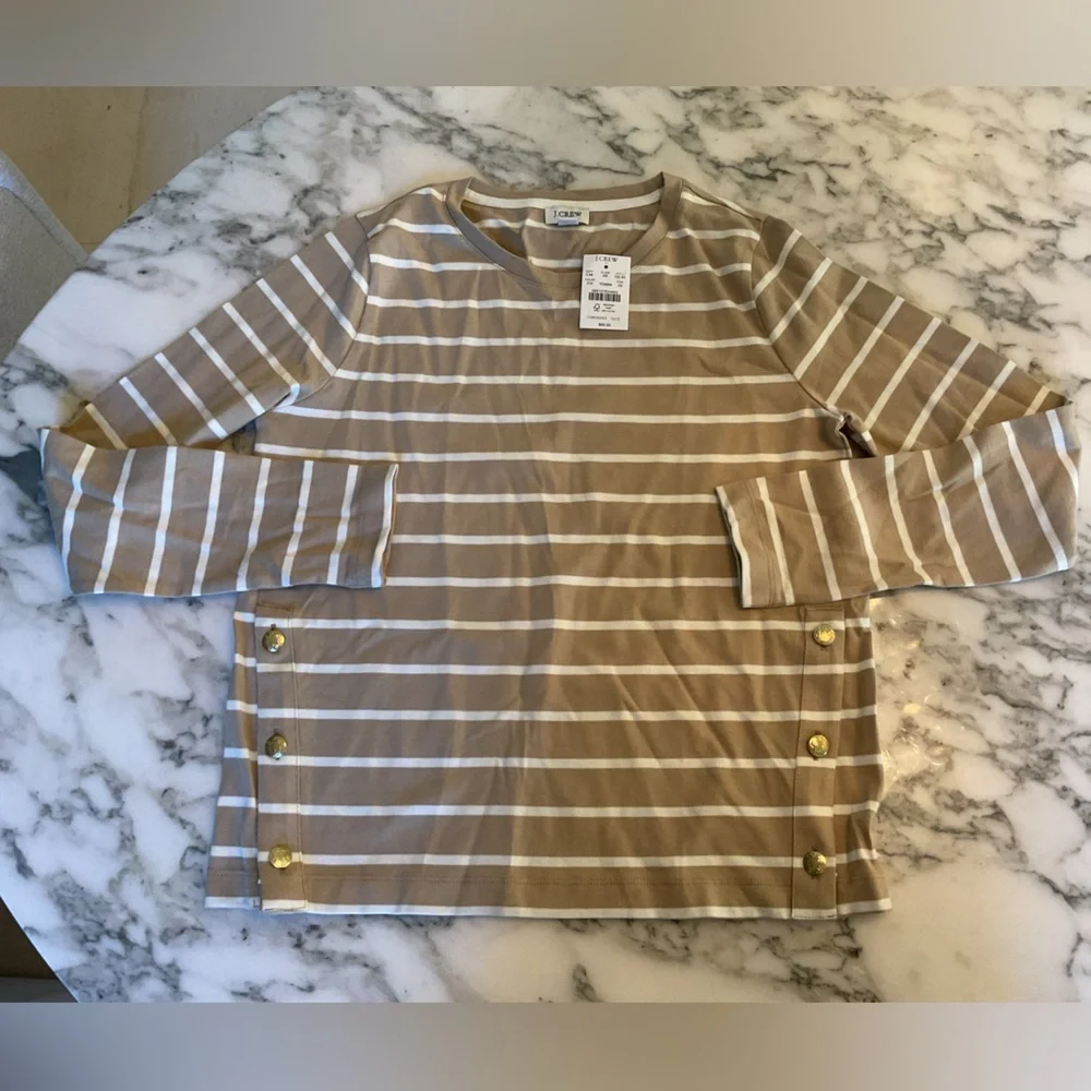 NWT J Crew Tan Striped long-sleeve side-button top Sz XS - tiny pinhole in back - Picture 4 of 8
